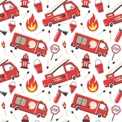 Firefighter seamless pattern. Fire truck with ladder extinguisher and hose. Hand drawn cartoon trendy scandinavian childish doodle cars. Decor textile, wrapping paper wallpaper vector print or fabric © Mariya