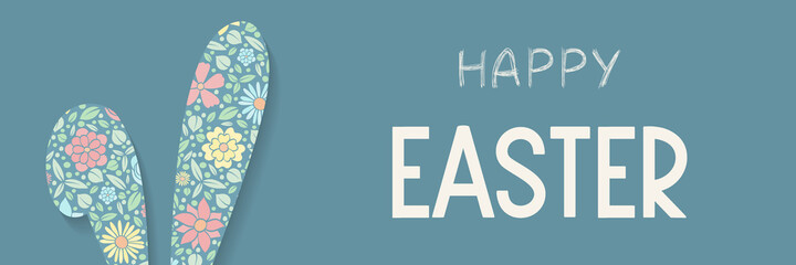 Easter bunny with floral texture and wishes. Banner. Vector
