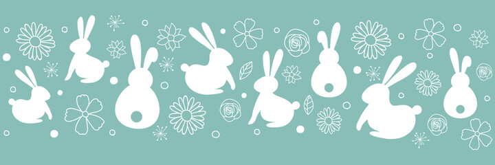 Easter banner with bunnies and flowers. Vector