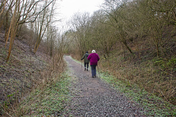 Obraz premium Couple walking on footpath through rural countryside woodland