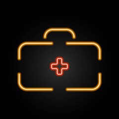 Fototapeta premium Medical suitcase neon sign, modern glowing banner design, colorful trend of modern design on black background. Vector illustration.