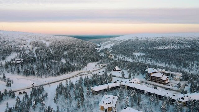 Beautiful vibrant sunny scandinavian winter landscape of skiing resort, lapland