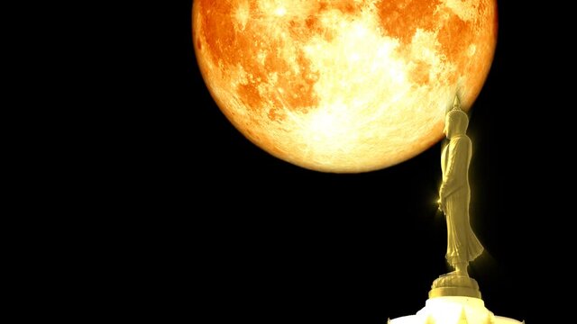 Full blood moon and Buddha looking seven day style on the night sky, Makha Bucha Day is held full moon day on february or march