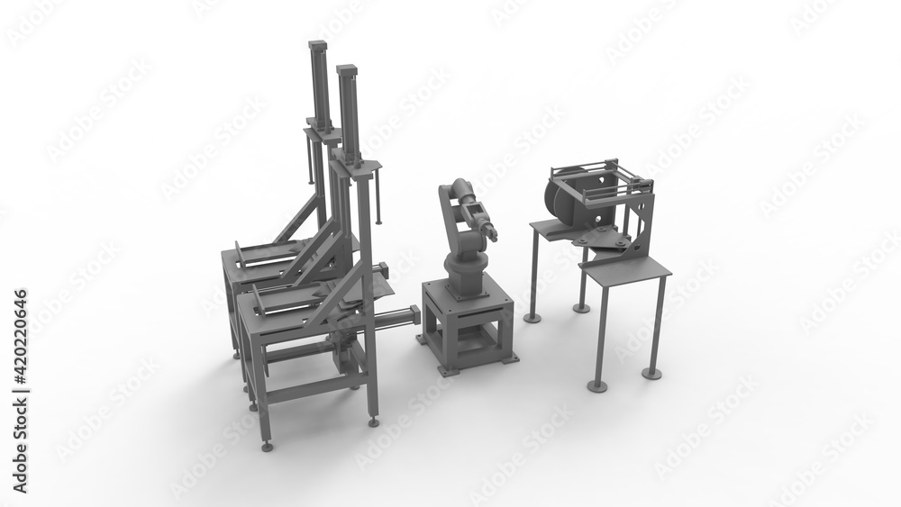 Fototapete 3d rendering of an assembly line machine with a robotic arm isolated on a white background in a stud