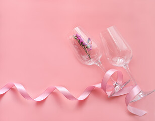 wine glasses with pink ribbon on pink background. flower in a wine glass. holiday selebration concept. engagement or birthday party. selective focus