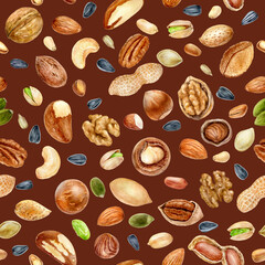 Watercolor seamless pattern nuts on a color background.