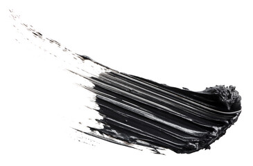 Smudged black mascara isolated on white background. Cosmetic product swatch. Paint brush stroke