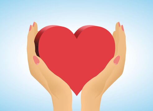 Hands holding big red hearth. Copy space on heart for text. Love, care and friendship. Vector illustration. EPS10.