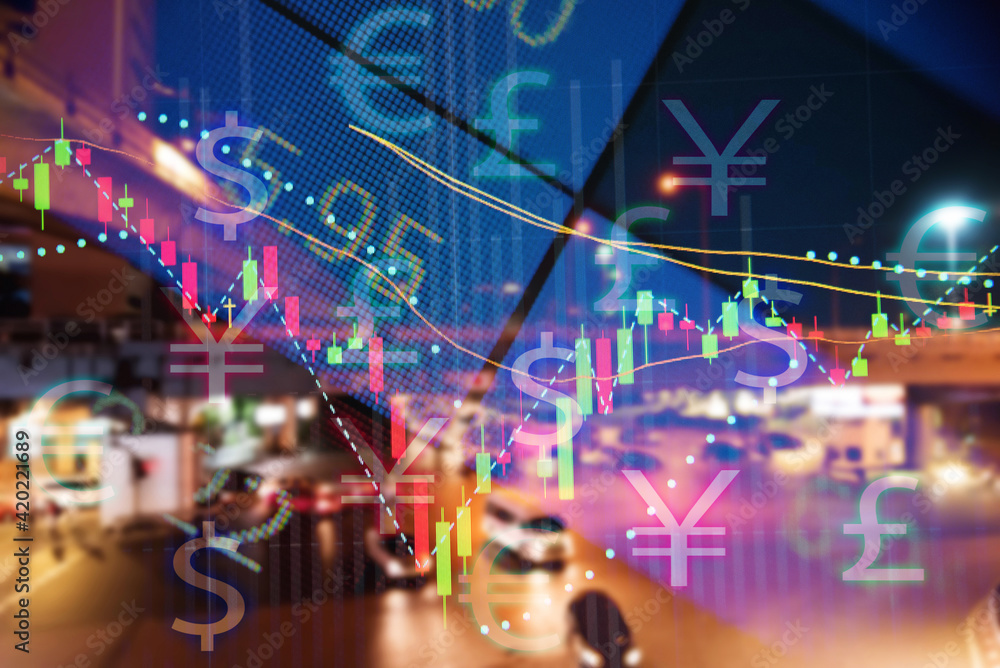 Poster stock market data on digital led display. fundamental and technical analysis with candle stick graph
