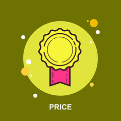 Price with golden medal and red ribbon attached on yellow background flat concept design