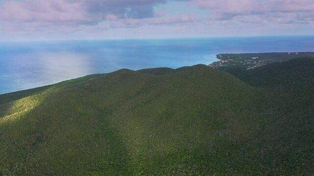 Aerial view above scenery of Curacao, Caribbean with ocean, coast, mountains