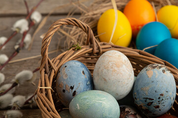 Happy Easter concept with easter eggs in nest and willows. Easter background.