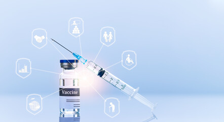 Vaccine bottle and medical syringe with needle. Shield shaped icons, concept of defending against viruses and infections. Innovative technologies in medicine