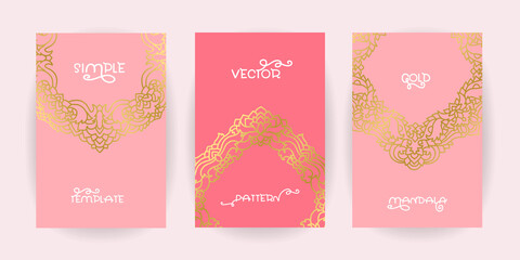 Set of simple pink flaers with gold mandala pattern. Greeting card design. Vector illustration.
