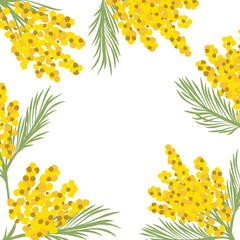 Yellow mimosa, flowers of yellow spots, splashes. Spring wreath of the brightest yellow flowers. Hello Spring