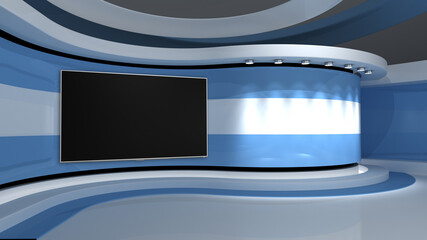 TV studio.  Light blue background. Argentine flag. News studio. Background for any green screen or chroma key video production. 3d render. 3d