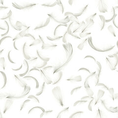 Fototapeta na wymiar Feather flat. Pastel angel feather in seamless pattern texture falling on white background. Fashion color trends spring summer.