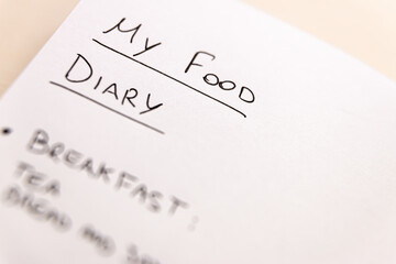 Food diary: list of foods eaten during the meals of the day, written on a white notebook. 