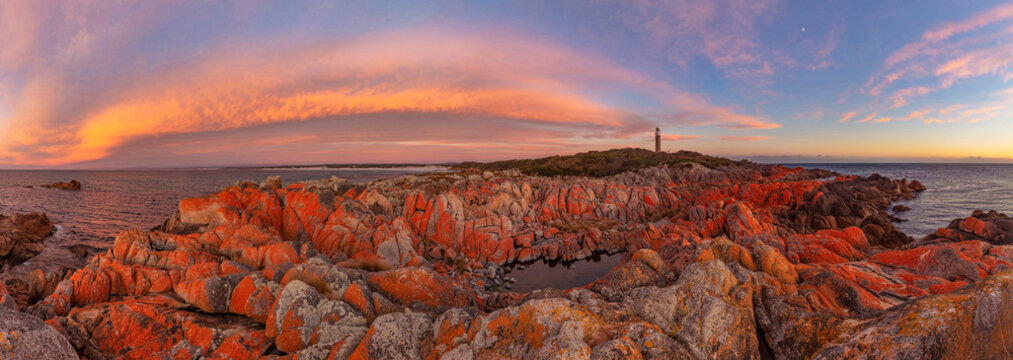 Beautiful sunrise over the magnificent, Eddystone Point Lighthouse. Situated within Mount William National Park. Part of the Bay of Fires Conservation Area. North Eastern Tasmania, Australia.