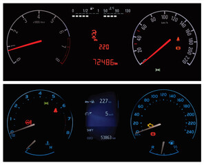Vector car dashboards collage. Two different types of car cluster. Instrument panel with speedometer, tachometer, odometer, fuel gauge, oil temperature gauge, seat belt reminder, tyre pressure display