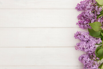 Top view of blooming lilac branches designed as one side frame on white wooden background. Copy space. Purple flowers flat lay