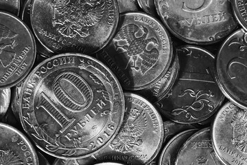 Macro shot of Russian rouble coins. Closeup texture background. Money and finance concept