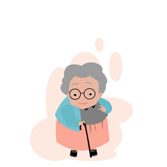 Vector illustration isolate flat design cartoon front view of cute one grandmother showing thumbs up ,old woman in colorful clothes with magic cane and glasses ,standing alone on white background.