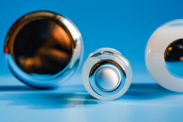 Beauty cosmetic products on blue background. Skincare, beauty and cosmetics concept with copy space