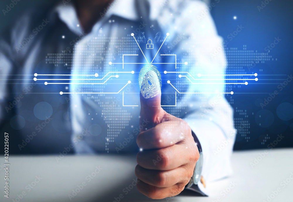 Poster biometrics security and innovation technology concept. woman using fingerprint indentification to pe