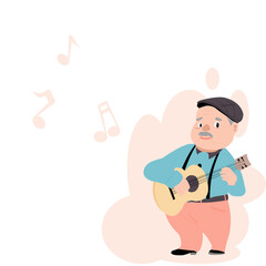 Vector illustration isolate flat design cartoon front view of cute look kind of grandfather playing guitar. Alone old grandpa  in colorful clothes. Old man with grey hair, mustache on music background