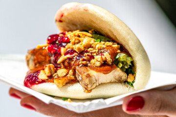 Pita stuffed with pork belly and Mexican salsa.Food styling for street food. Closeup.
