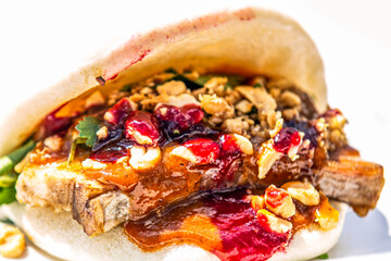 Pita stuffed with pork belly and Mexican salsa.Food styling for street food. Closeup.