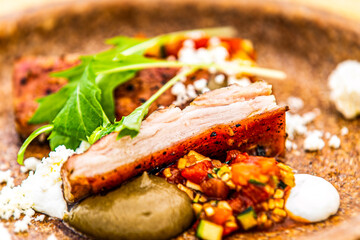 Pork belly with Mexican salsa. Food styling for street food. Closeup.