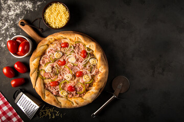 Brazilian pizza. Top view of delicious Brazilian rustic pizza.