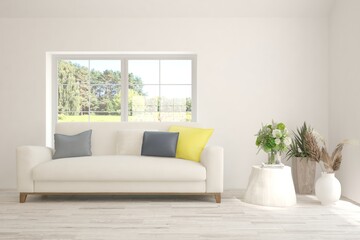 Naklejka premium White living room with sofa. Scandinavian interior design. 3D illustration