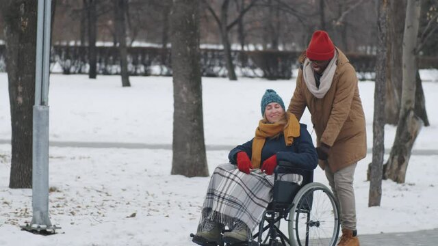 Cheerful Afro-American man pushing young Caucasian woman on wheelchair, smiling and chatting with her during walk in park on winter day