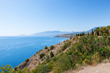 The sea coast of the Crimean peninsula with a beautiful view, on a summer sunny day.