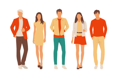 Fototapeta premium Set of young men and women, different colors, cartoon character, group of silhouettes of standing business people, students, the design concept of flat icon, isolated on white background