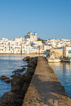 Naoussa harbor with traditional Greek houses in the Cycladic style, Paros island, Greece. Cyclades.