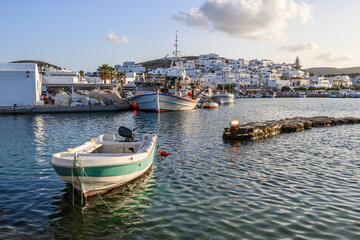Obraz premium Naoussa harbor with traditional Greek houses in the Cycladic style, Paros island, Greece. Cyclades.