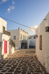 Naoussa village with traditional Greek houses in the Cycladic style, Paros island, Greece. Cyclades.