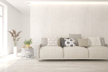 White living room with sofa. Scandinavian interior design. 3D illustration