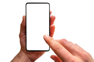 Männerhand bedient ein leeres Touchdisplay eines modernen Smartphone als Vorlage