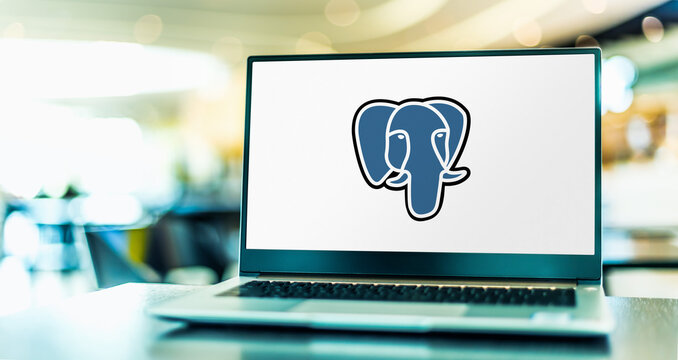 Laptop computer displaying logo of PostgreSQL