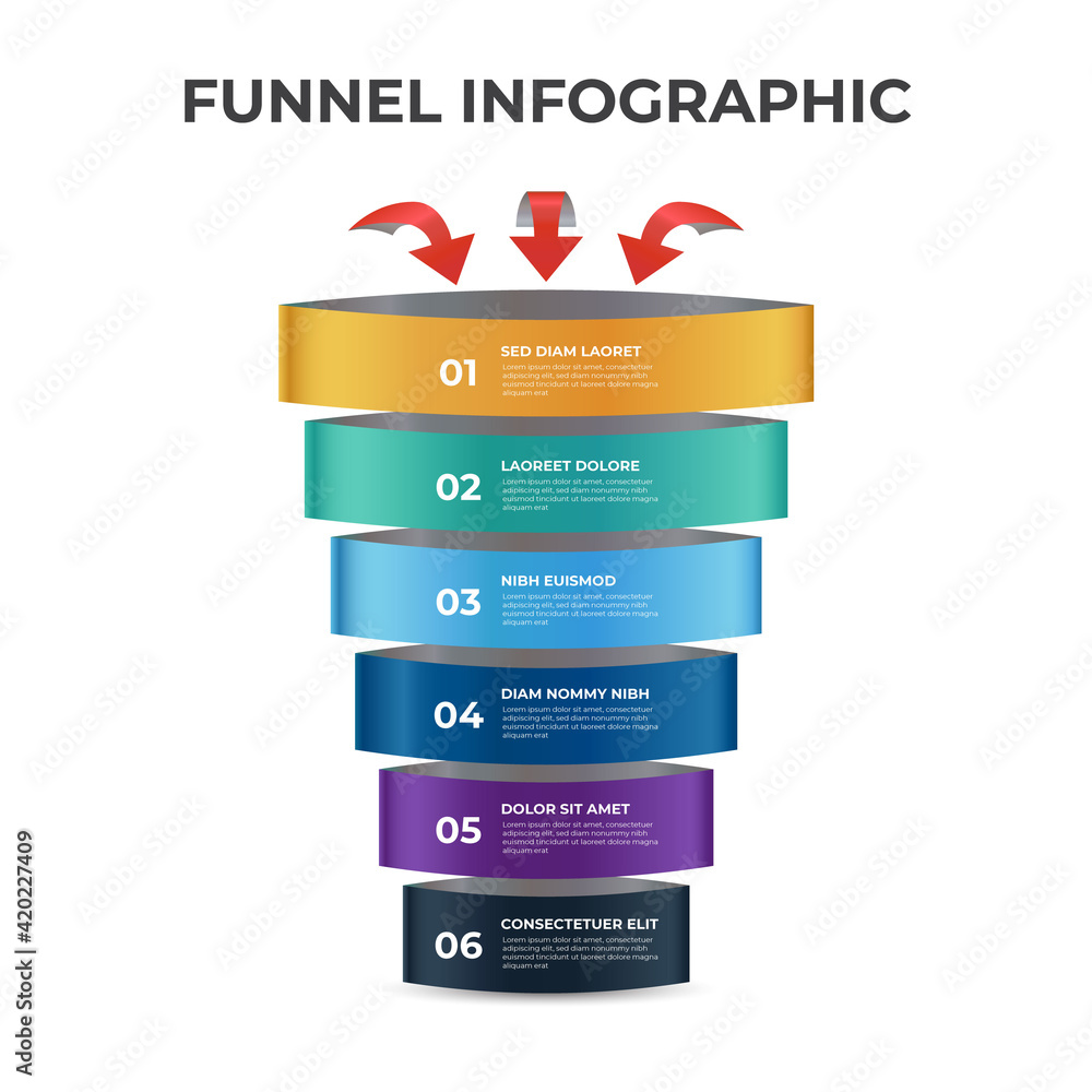 Aufkleber 6 points of funnel diagram with arrows, stages and steps infographic template element vector.