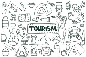 Doodle style tourism set. hand drawn vector camping clip art set. Isolated on white background drawing for prints, poster, cute stationery, travel design. Nature, forest recreation, sport.