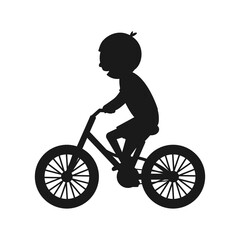 Obraz premium Cute boy riding bike silhouette. Healthy lifestyle in black color concept. Little child rides bicycle. Vector isolated on white 