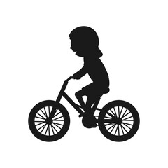 Cute girl riding bike silhouette. Healthy lifestyle in black color concept. Little child rides bicycle. Vector isolated on white