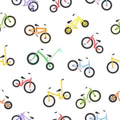 Fototapeta na wymiar Cute different bicycles seamless pattern. Kids colorful bikes. Healthy lifestyle in different colors. Sport vehicle concept. Vector illustration isolated on white