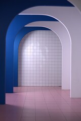 Blue and white arches. White wall and pink tiled floor. 
